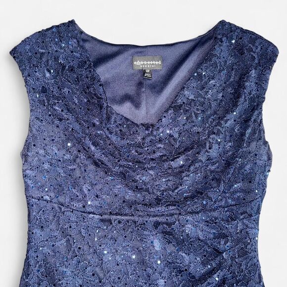 Navy Lace and Sequin Sheath Dress with Cowl Neckline - Picture 3 of 8